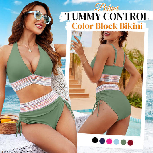 🔥Free trial fitting💃High Waisted Tummy Control Color Block Bikini Set