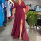 Solid Color V-Neck Waist Cinching Split Dress